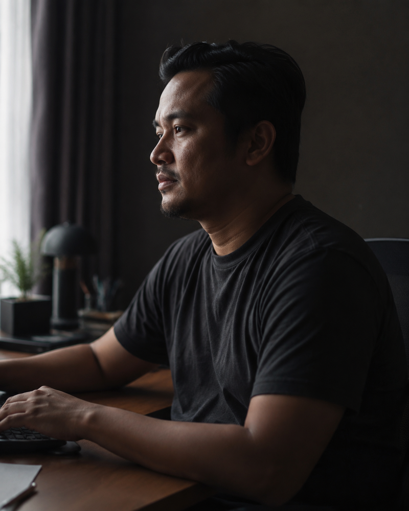 Lelaki Melayu kira-kira 35 tahun di meja, kemeja arang polos, muka sebahagian dalam bayang